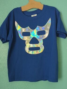 Blue Kids Tee with Holographic Lucha Libre Mask Graphic
